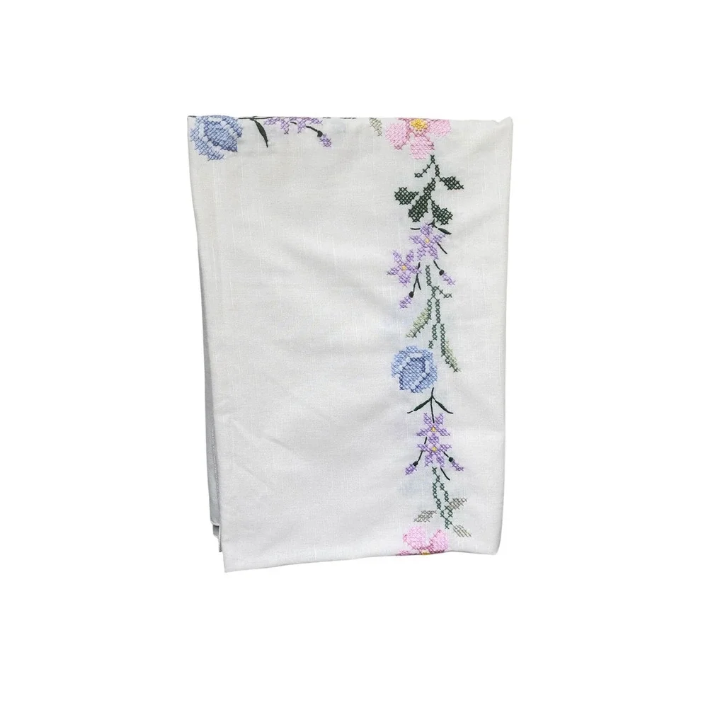 Vintage Floral Cross Stitch Embroidered White Rectangular Tablecloth Cottagecore